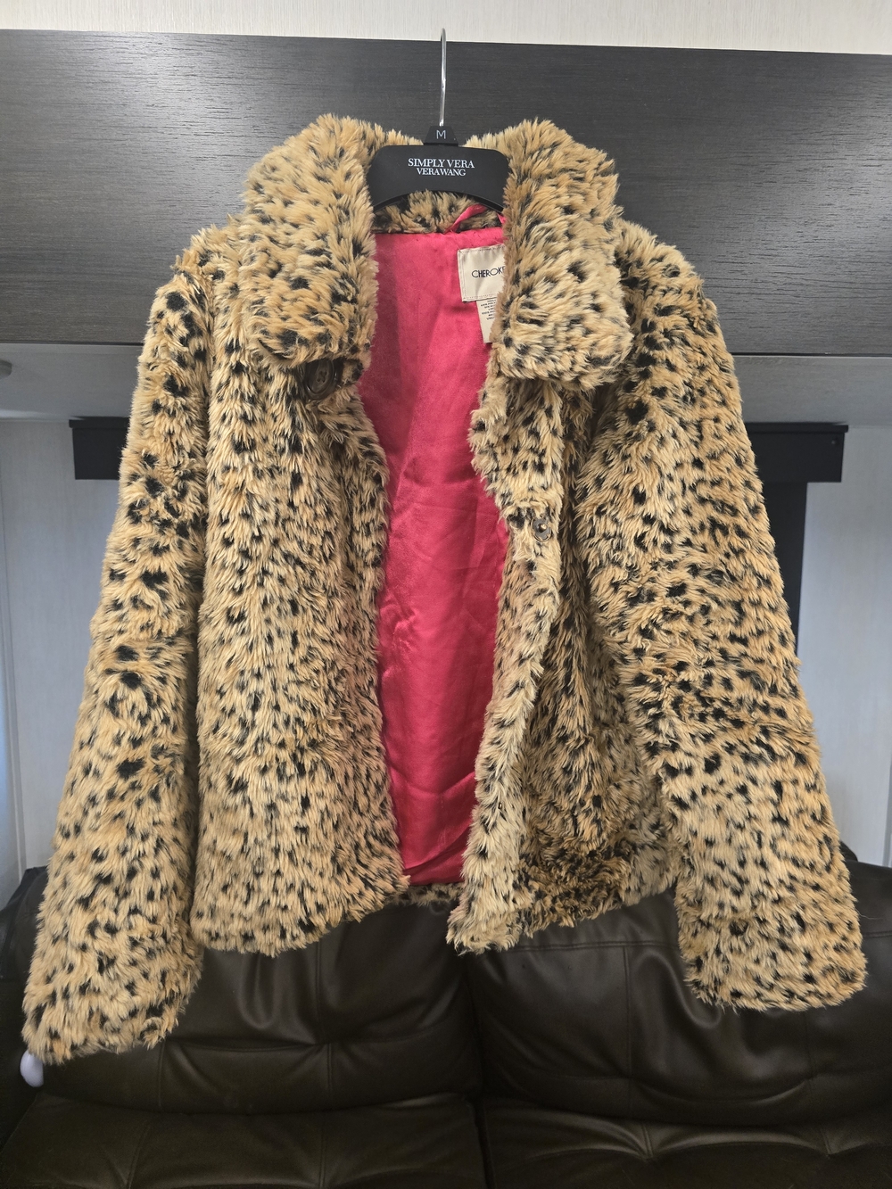 Cherokee Leopard Print Faux Fur Jacket with Pink Lining